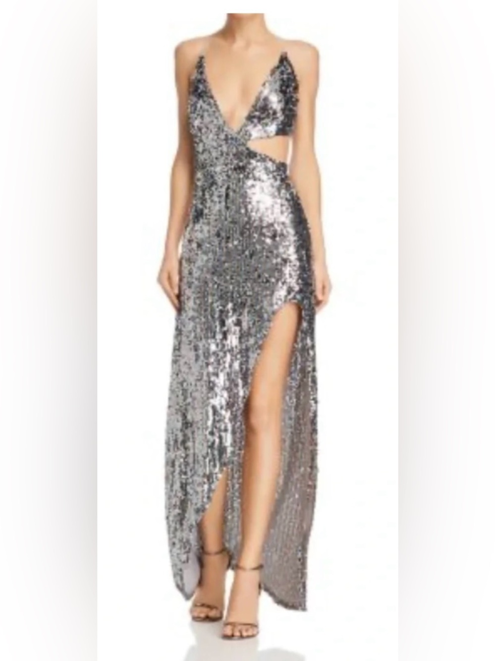For Love And Lemons Silver Sequin Plunge Slit Gown